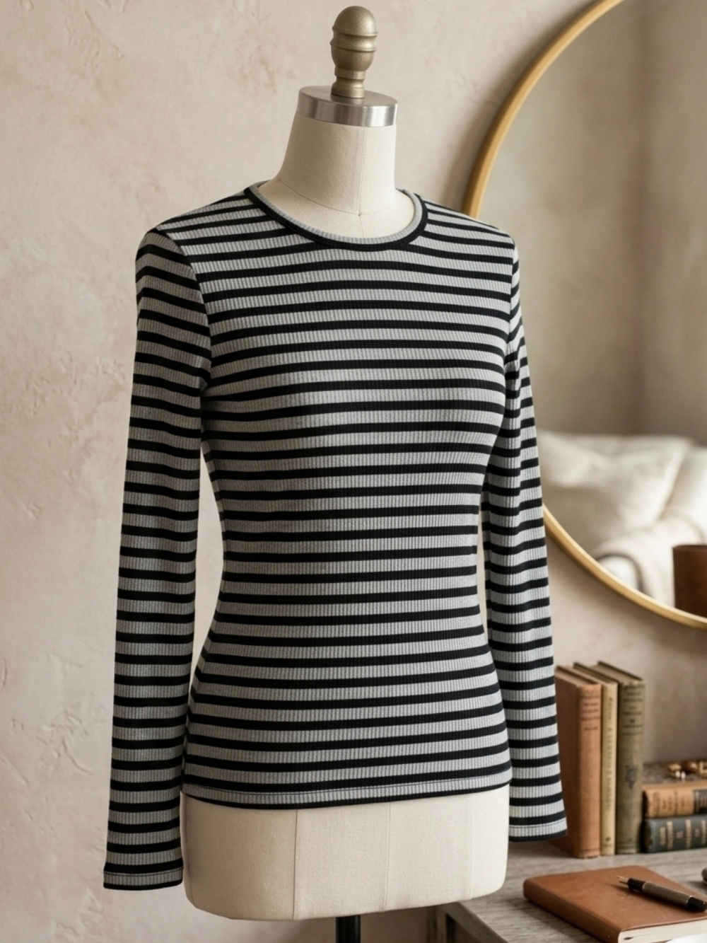 Philosophy Striped Long Sleeve Tahoe Blue & Black Crewneck Stretchy Shirt Top